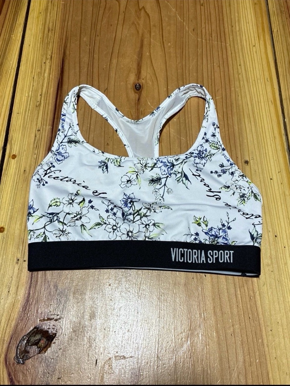 Victoria's Secret White Floral Racerback Sports Bra with Black Band